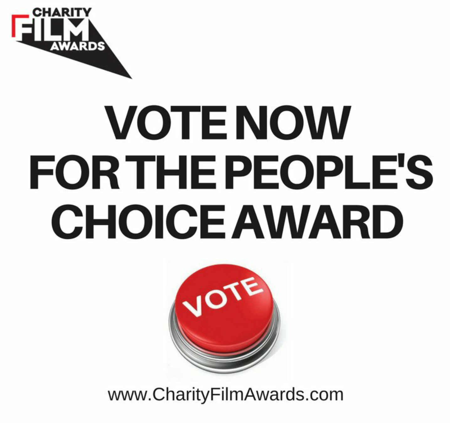 Vote now for the people's choice award graphic with a vote button and Charity Film Awards Graphic