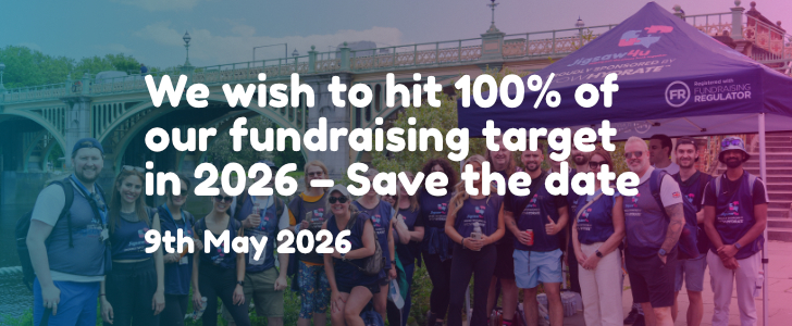 'We wish to hit 100% of our fundraising target in 2026 - Save the date 9th May 2026' Text over image, image is of whole group from start of second leg at Richmond Lock and Footbridge. Features gazebo with Jigsaw4u logo and sponsor of Jigsaw4u's SW London Bridge Walk 2025.
