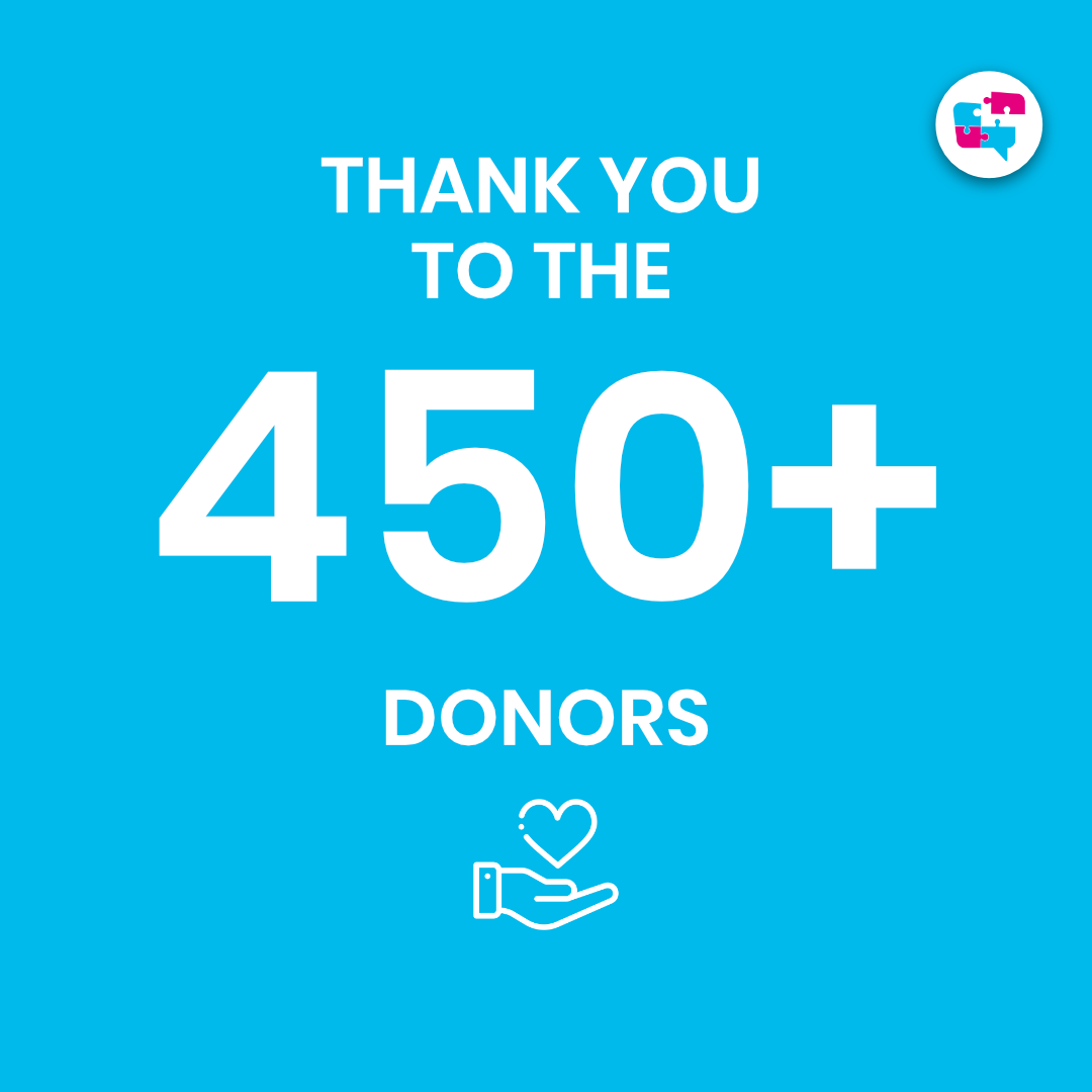 'Thank you to the 450+ donors' with hand and heart icons. Shows number of donors at SW London Bridge Walk for JIgsaw4u