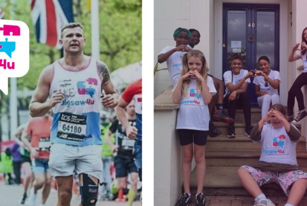 Cover photo for London Marathon 2026 blog post, shows Jigsaw4u logo, on right shows Jake who ran for the London Marathon in 2025 and on the right shows children service-users outside Jigsaw4u HQ in Mitcham